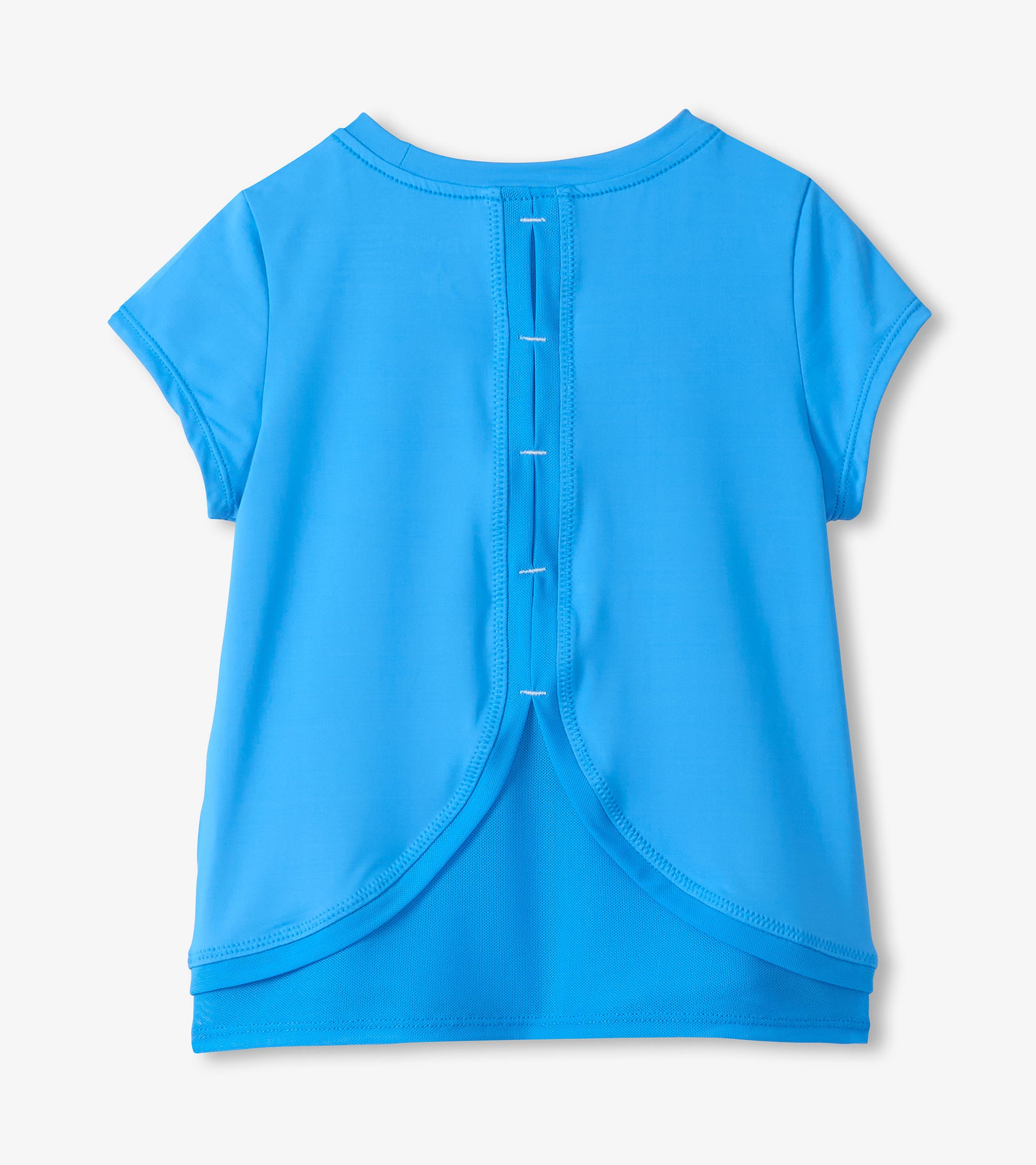 Blue girls short-sleeve T-shirt with mesh trim and curved back hem, back view