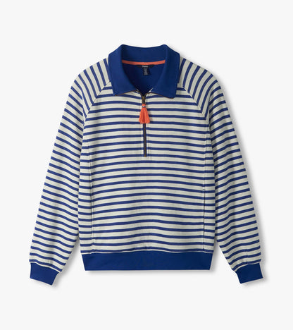 Front flat lay of blue and white striped mock neck pullover with quarter zip and coral tassel pull