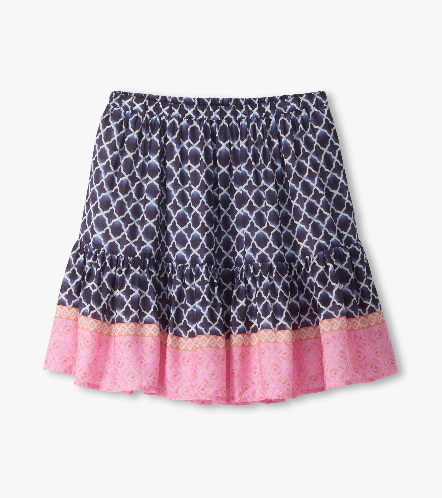 Navy and white patterned flounce skirt with pink patterned hem, front view