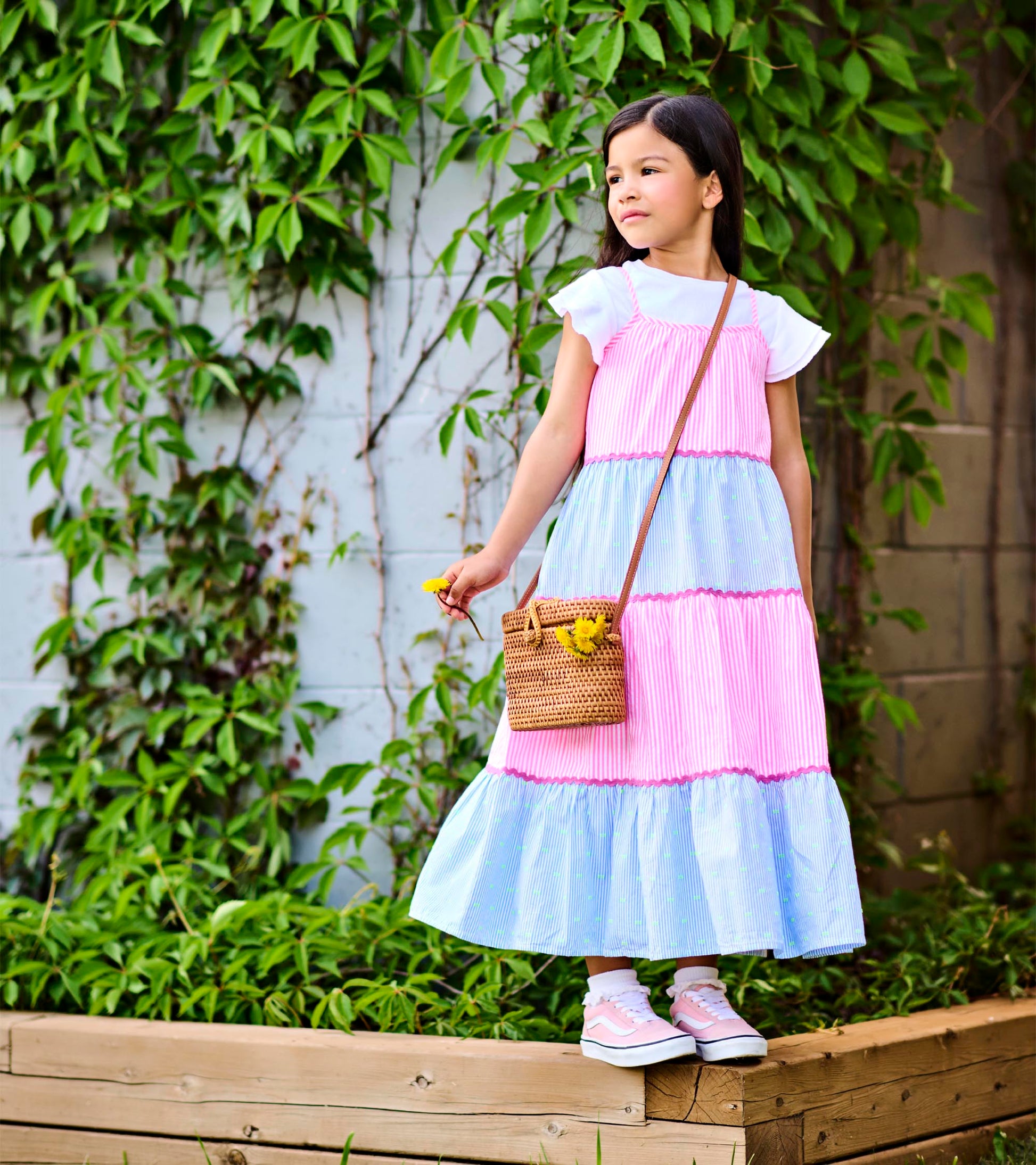 girls midi dress Girls' Modest Ellie Midi Dress in Sweet Ribbon Stripe