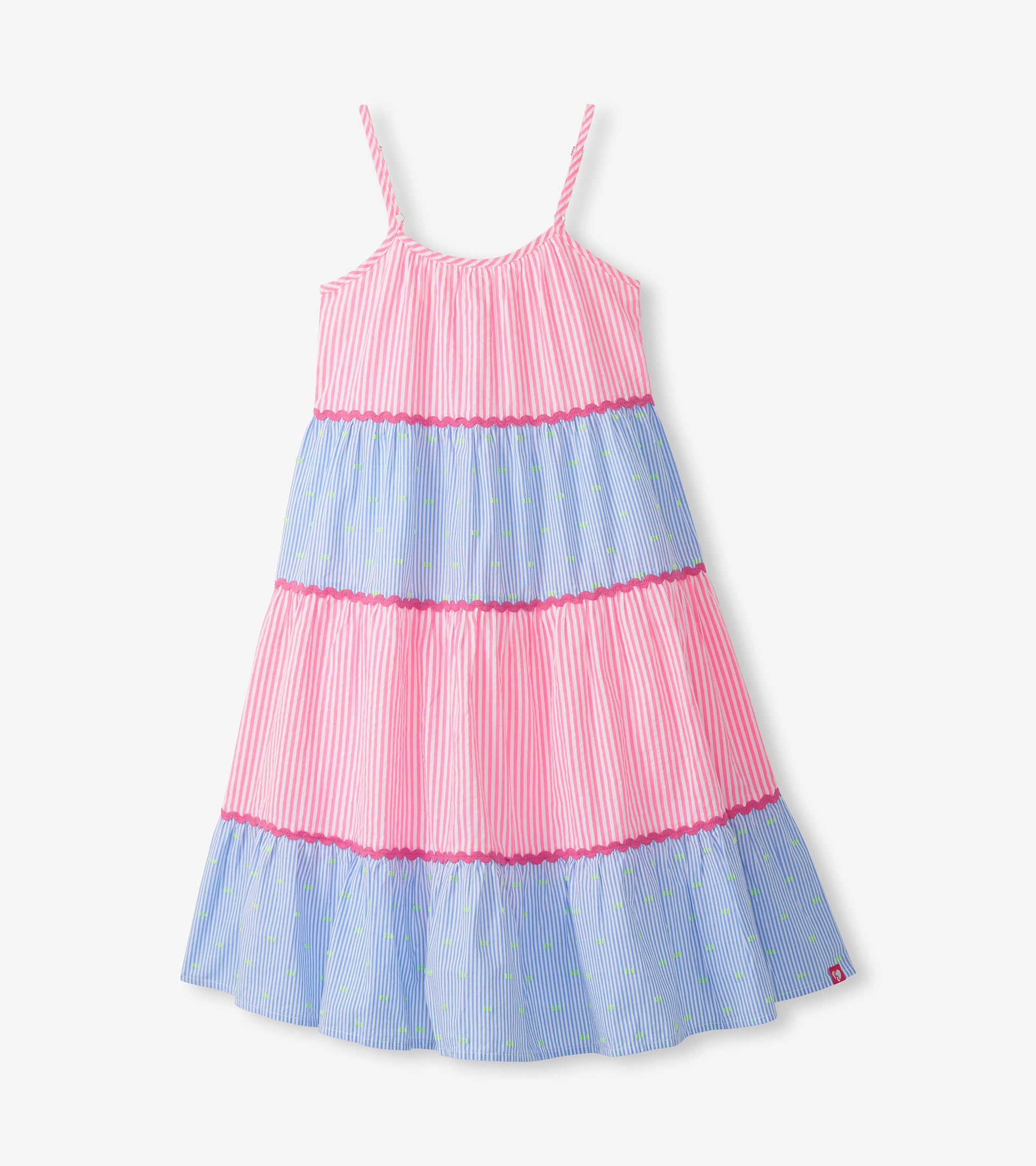 Girls strappy midi dress with pink and blue striped tiers, green dotted accents, and pink scalloped trim