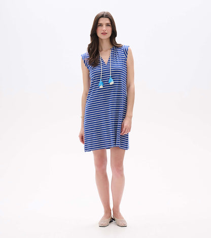 Front full-length view of navy striped tank dress with split neckline and blue tassel ties