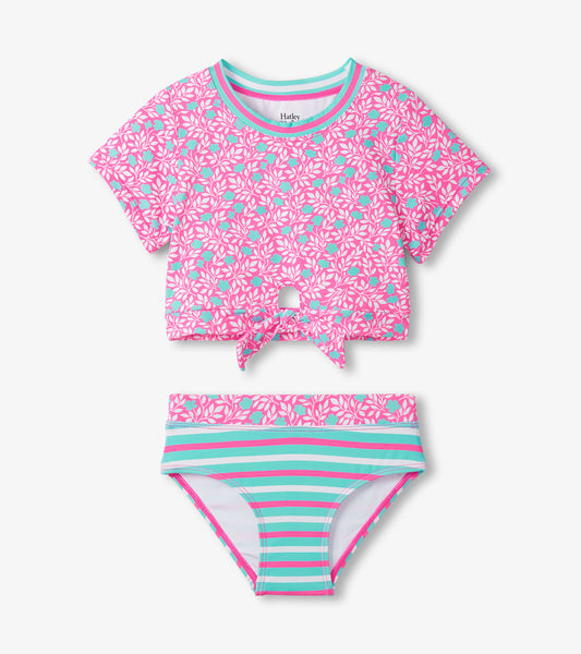 Maillot de bain deux pièces à haut noué – Motif floral et rayures