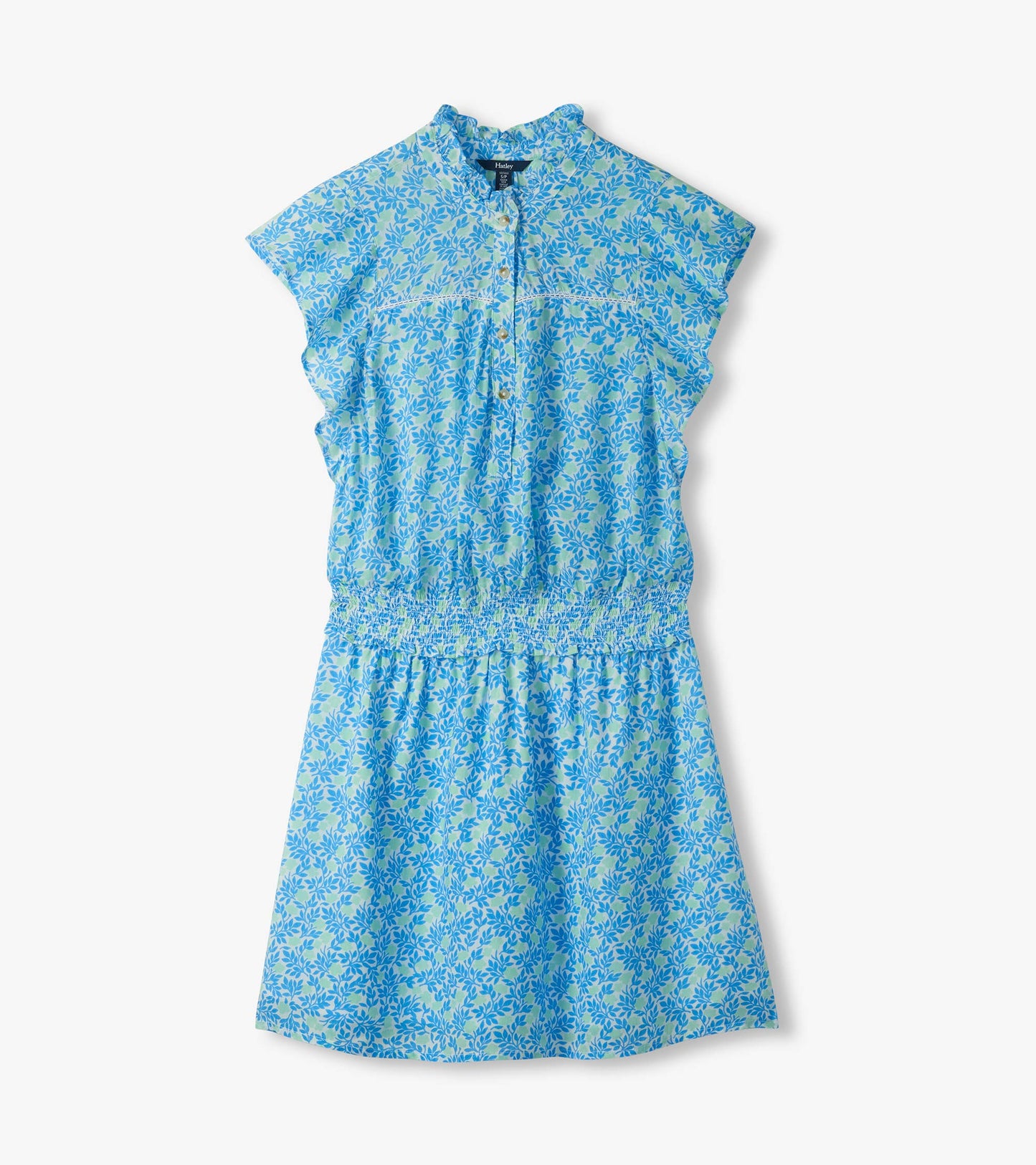 Ava Dress in Mini Vines laid flat, showing ruffle collar, button placket, flutter sleeves and smocked waist