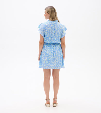Back view of Ava Dress in blue and soft green mini vine print with flutter sleeves and a smocked waist