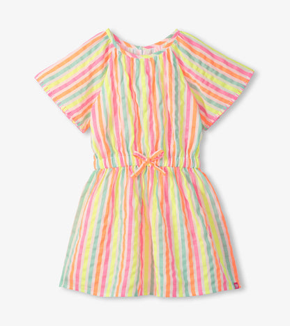 Girls pastel striped woven dress with short sleeves, elastic waist, and tie front detail