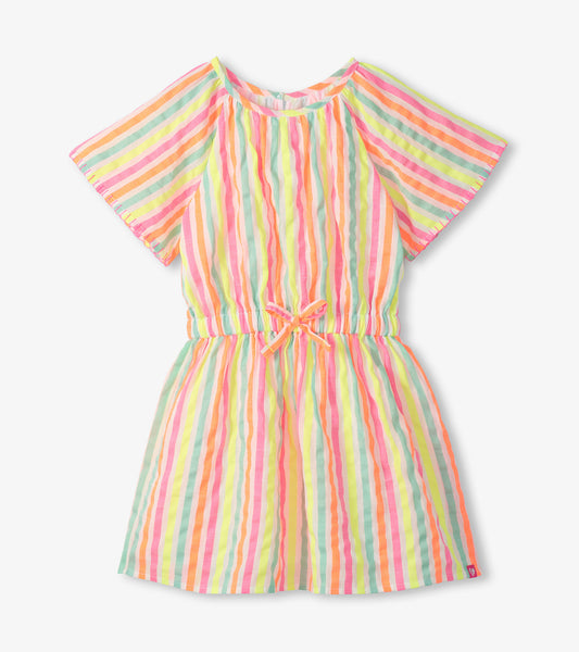 Girls pastel striped woven dress with short sleeves, elastic waist, and tie front detail