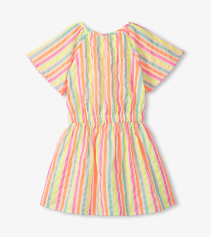 Girls multicolor pastel striped woven dress with short flutter sleeves and gathered waist, front view