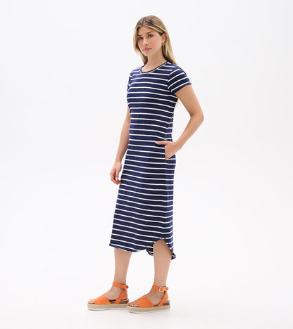 Midi Tee Shirt Dress - Navy and White Stripes
