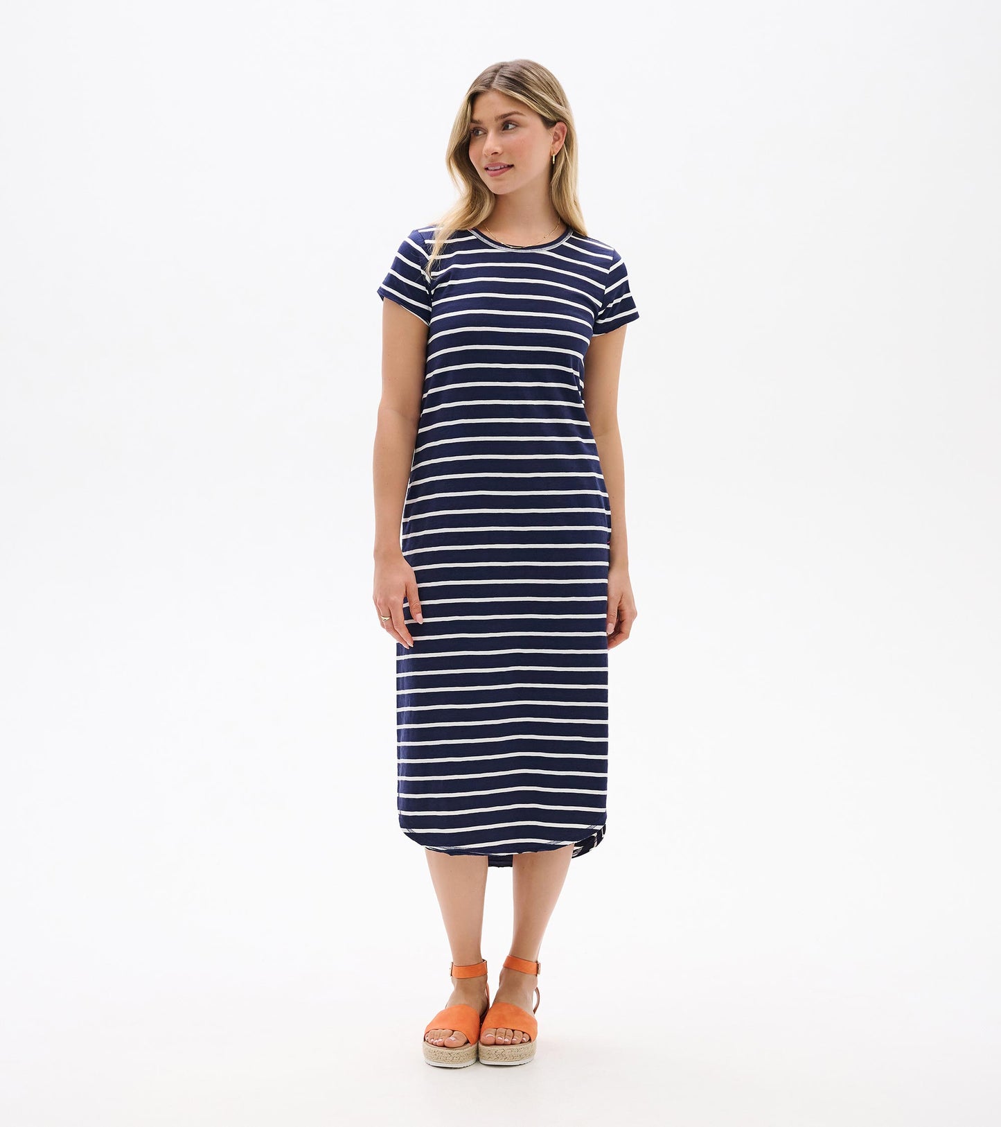 Midi Tee Shirt Dress - Navy and White Stripes