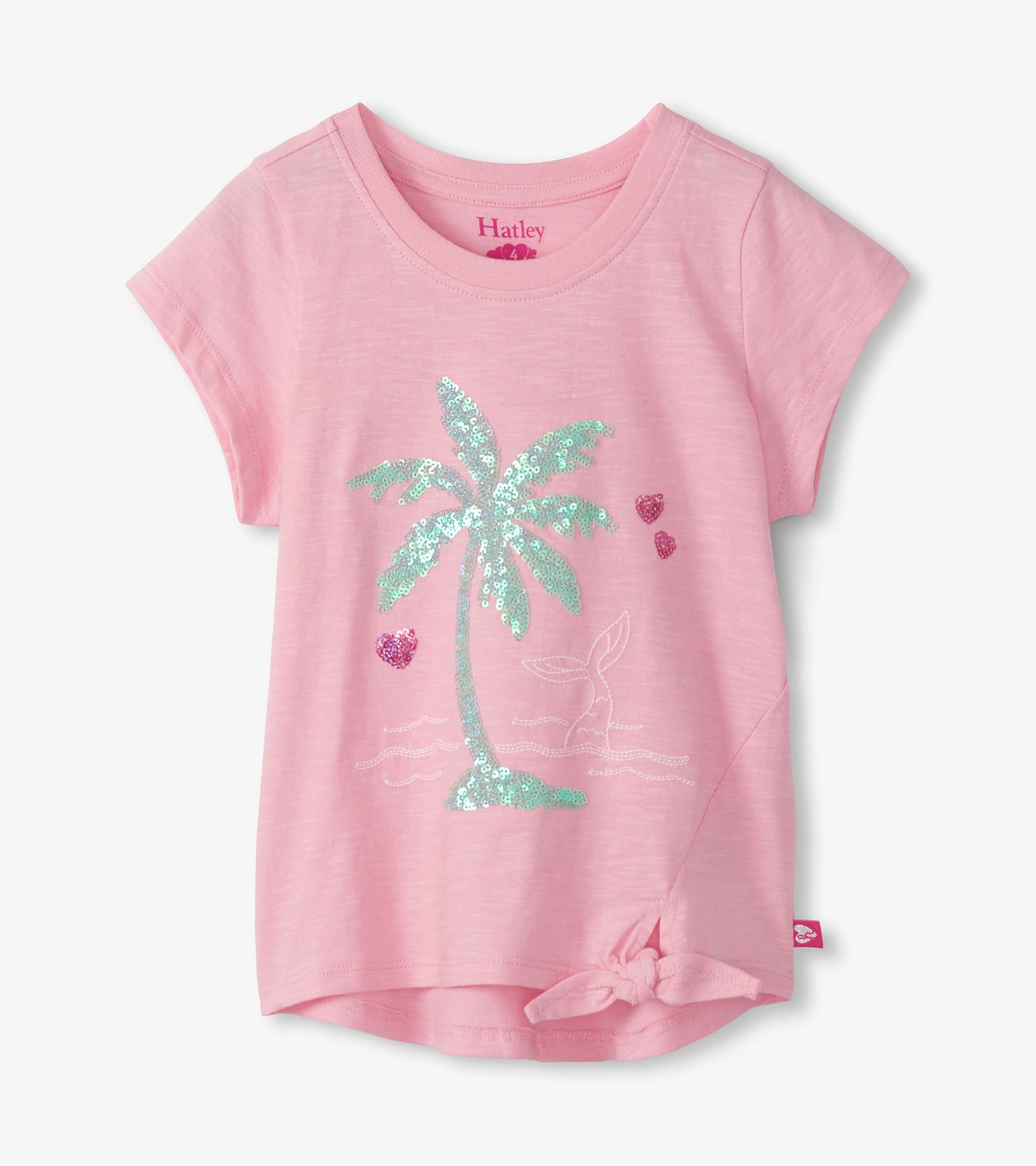 Pink short sleeve tie-front T-shirt with sequined palm tree graphic and crew neckline
