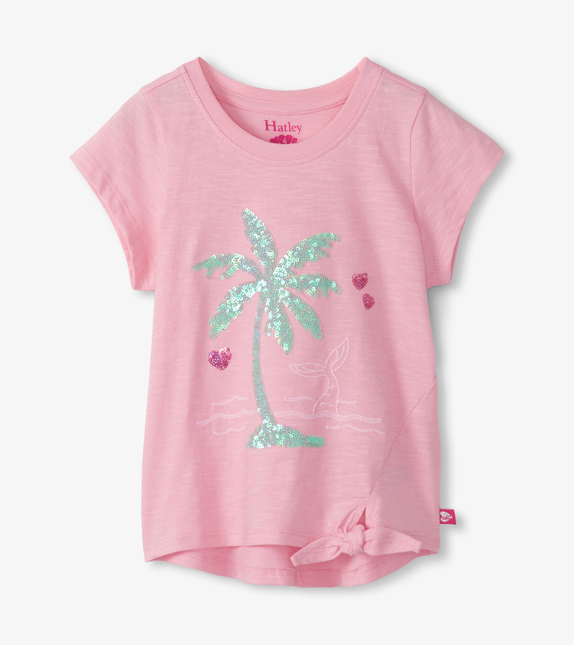Pink short sleeve tie-front T-shirt with sequined palm tree graphic and crew neckline