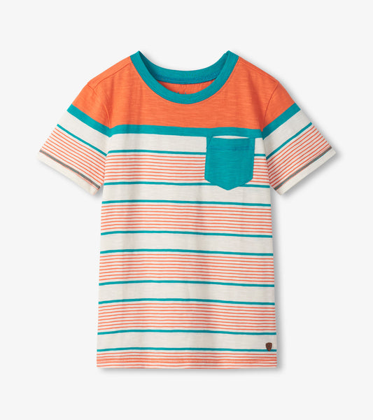 Kids short-sleeve crew neck T-shirt with orange, teal, and white horizontal stripes and chest pocket
