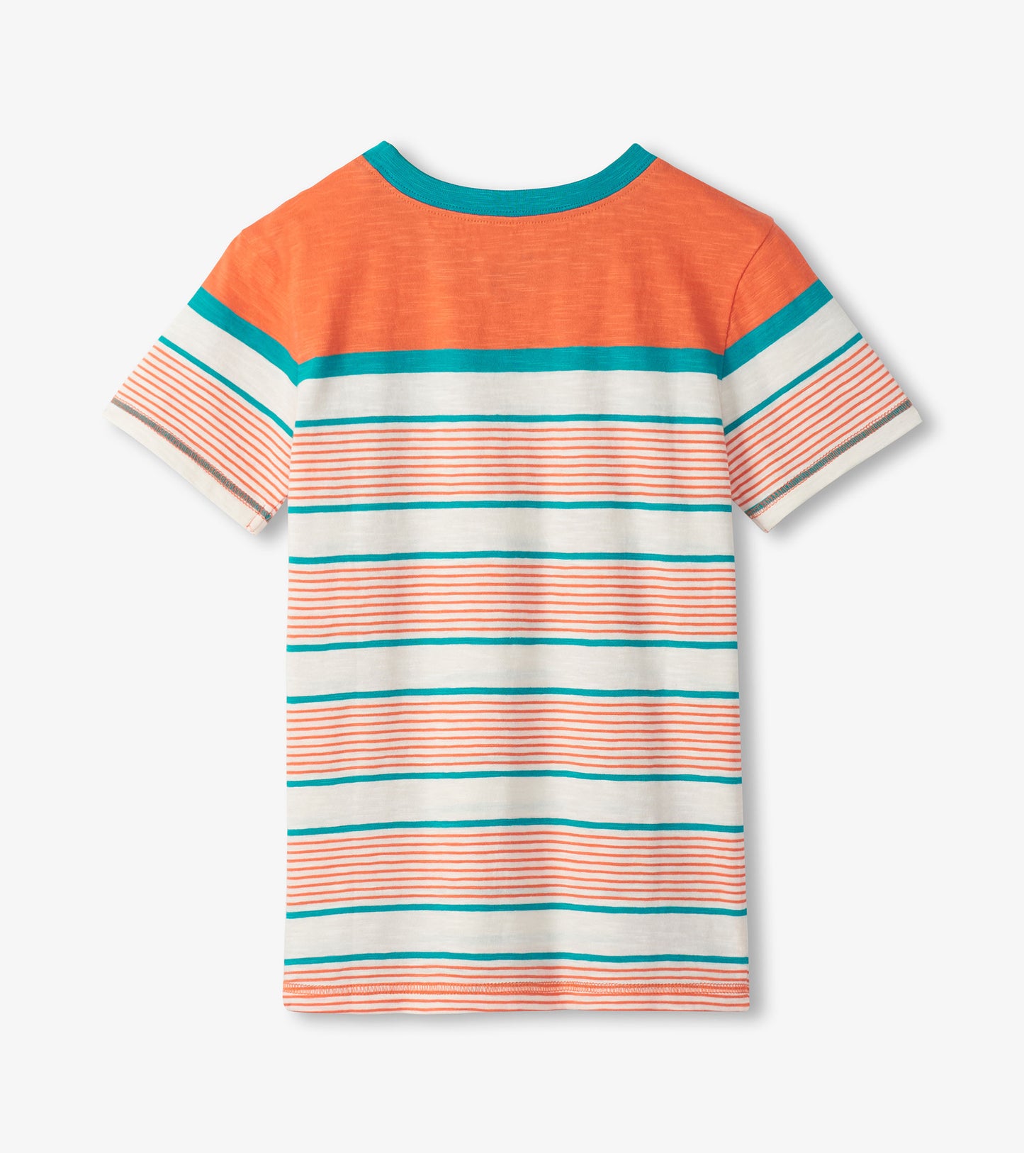 Back view of a boys' short-sleeve crew neck T-shirt with orange, white, and teal horizontal stripes.