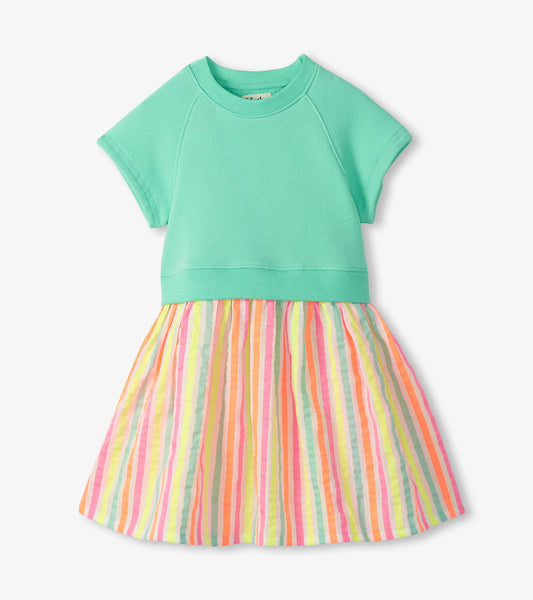 Mint green short-sleeve dress with striped multicolor skirt, front view