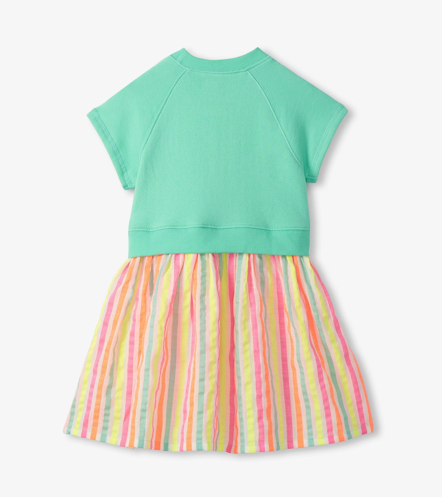Girls mint short-sleeve dress with ribbed top and multicolor vertical striped skirt, back view