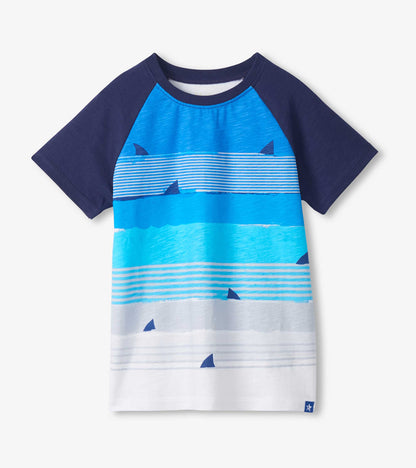 Boys navy and blue raglan T-shirt with striped shark pattern, front view