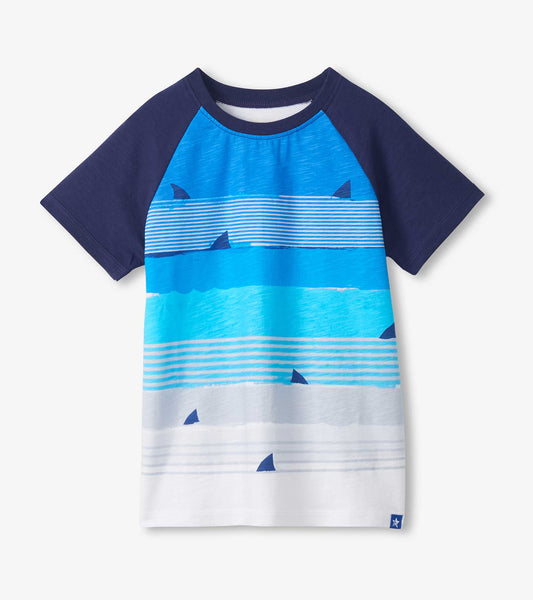 Boys navy and blue raglan T-shirt with striped shark pattern, front view