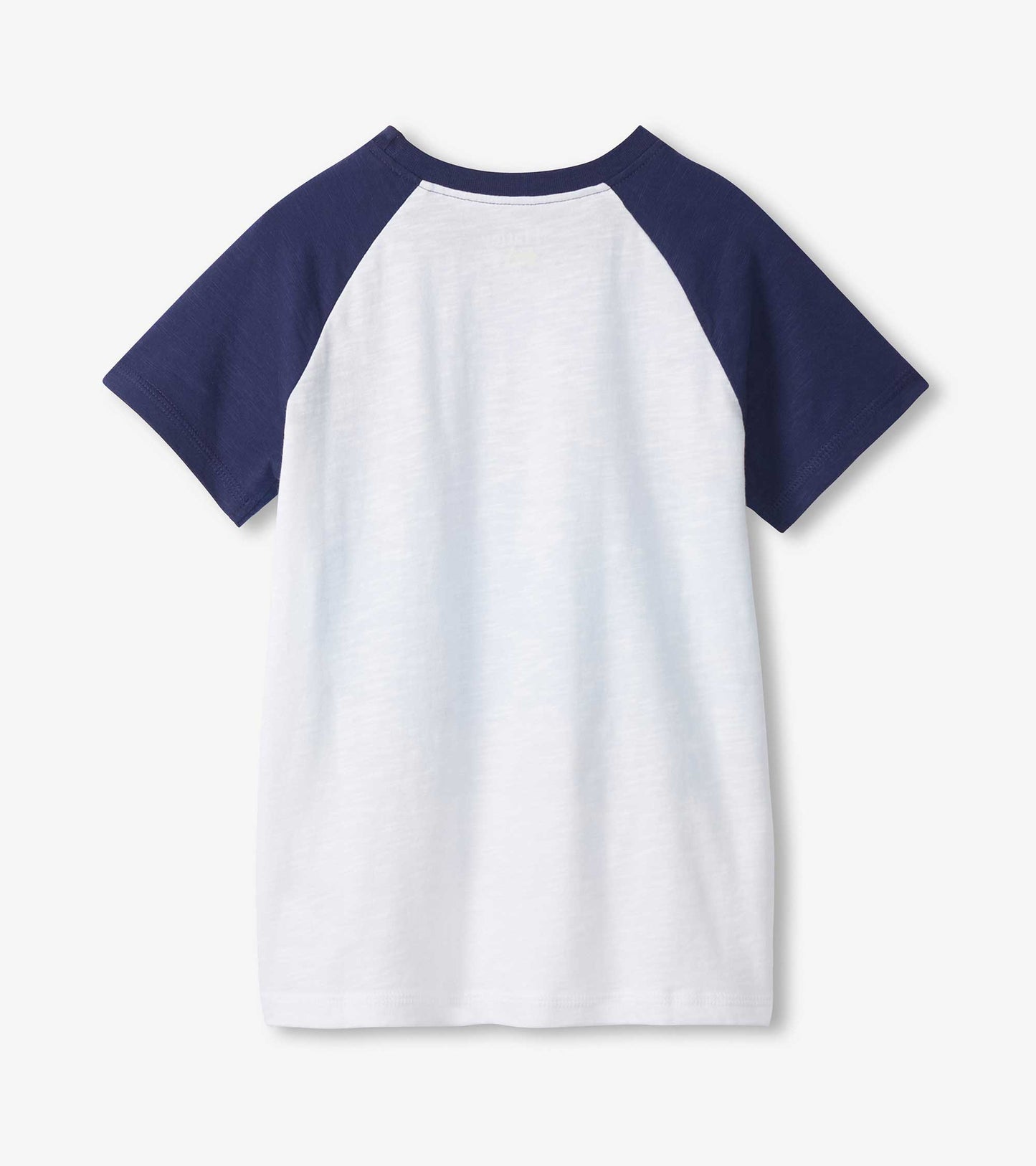White and navy raglan short-sleeve T-shirt, front view, with solid navy sleeves and crew neck.