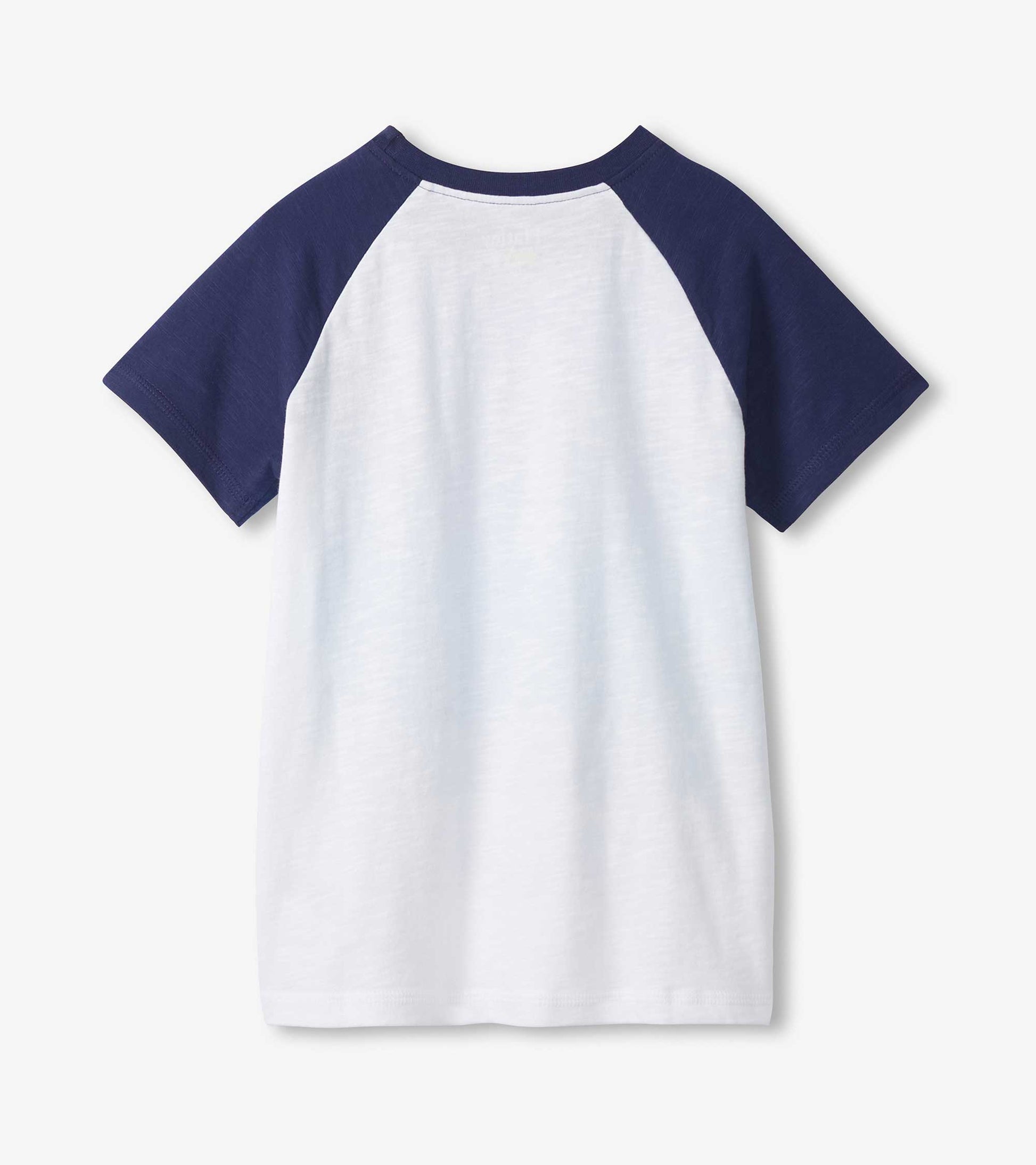 White and navy raglan short-sleeve T-shirt, front view, with solid navy sleeves and crew neck.