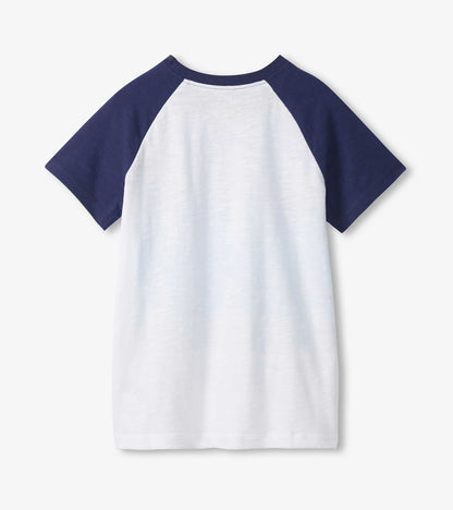 White and navy raglan short-sleeve T-shirt, front view, with solid navy sleeves and crew neck.