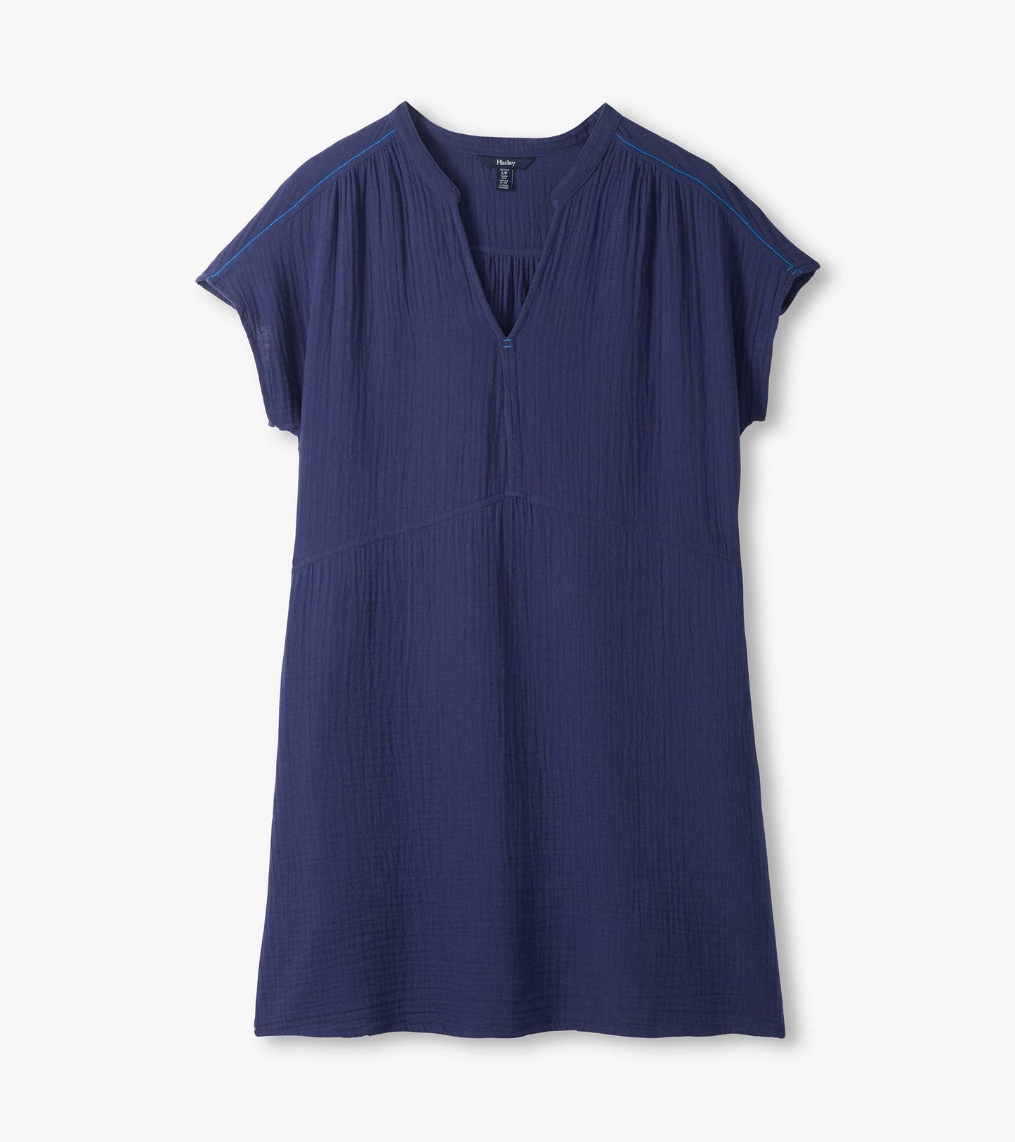 Navy blue short-sleeve dress with V-neck, subtle texture, and light blue trim, front view
