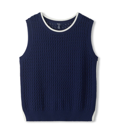 Navy blue knit tank top with white trim, sleeveless, front view