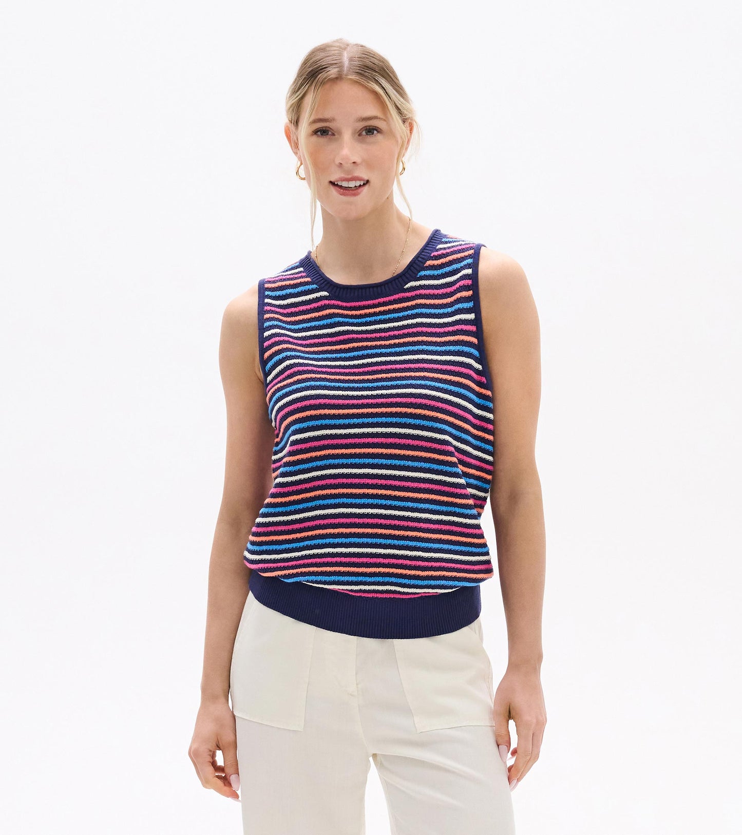 Sleeveless navy tank top with multicolor horizontal stripes, ribbed neckline and hem, front view on model