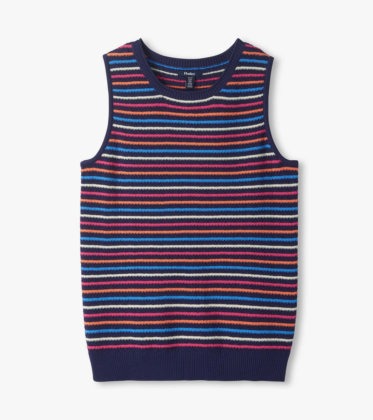 Sleeveless navy tank top with multicolor horizontal stripes and ribbed trim, front view