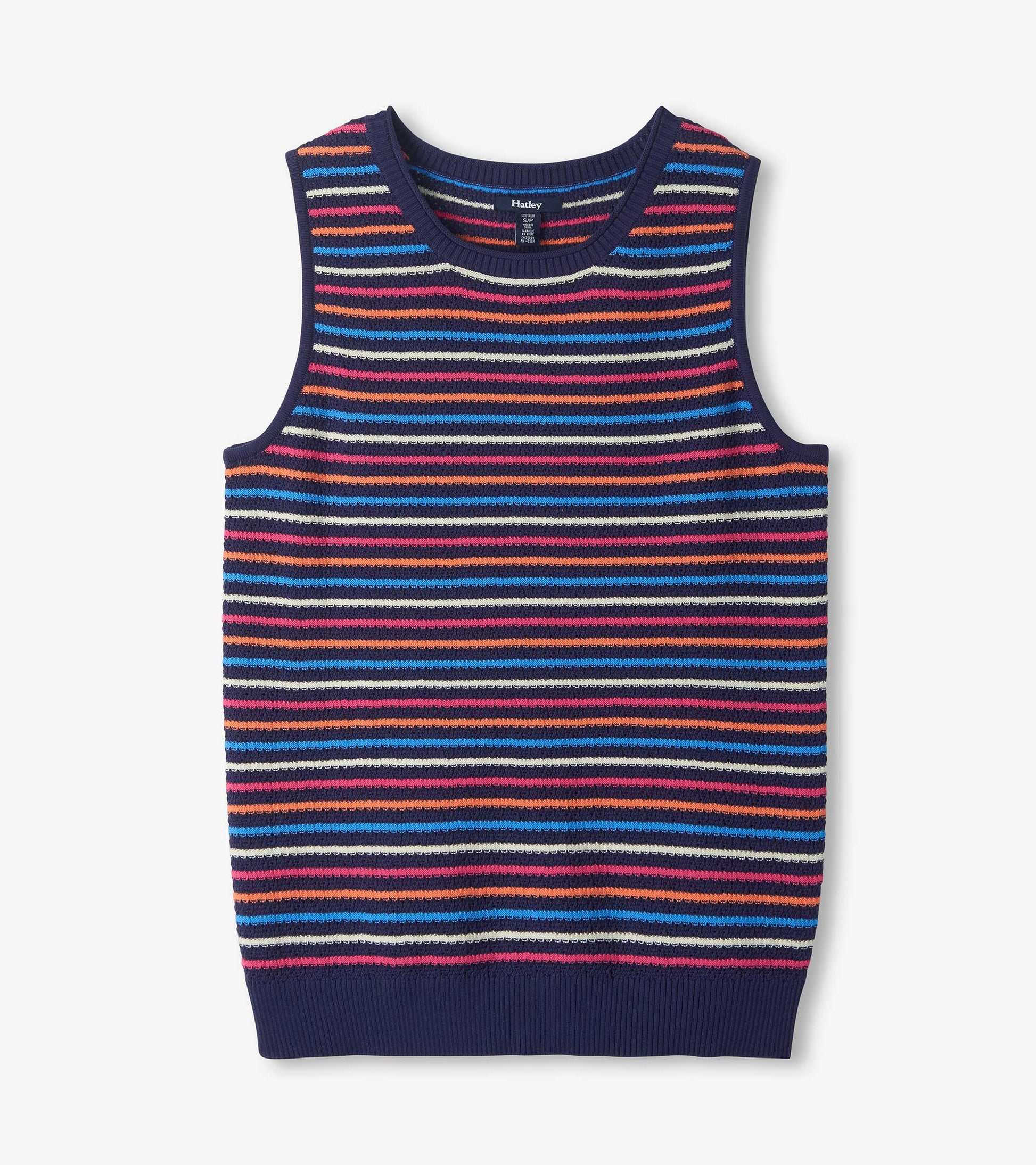 Sleeveless navy tank top with multicolor horizontal stripes and ribbed trim, front view