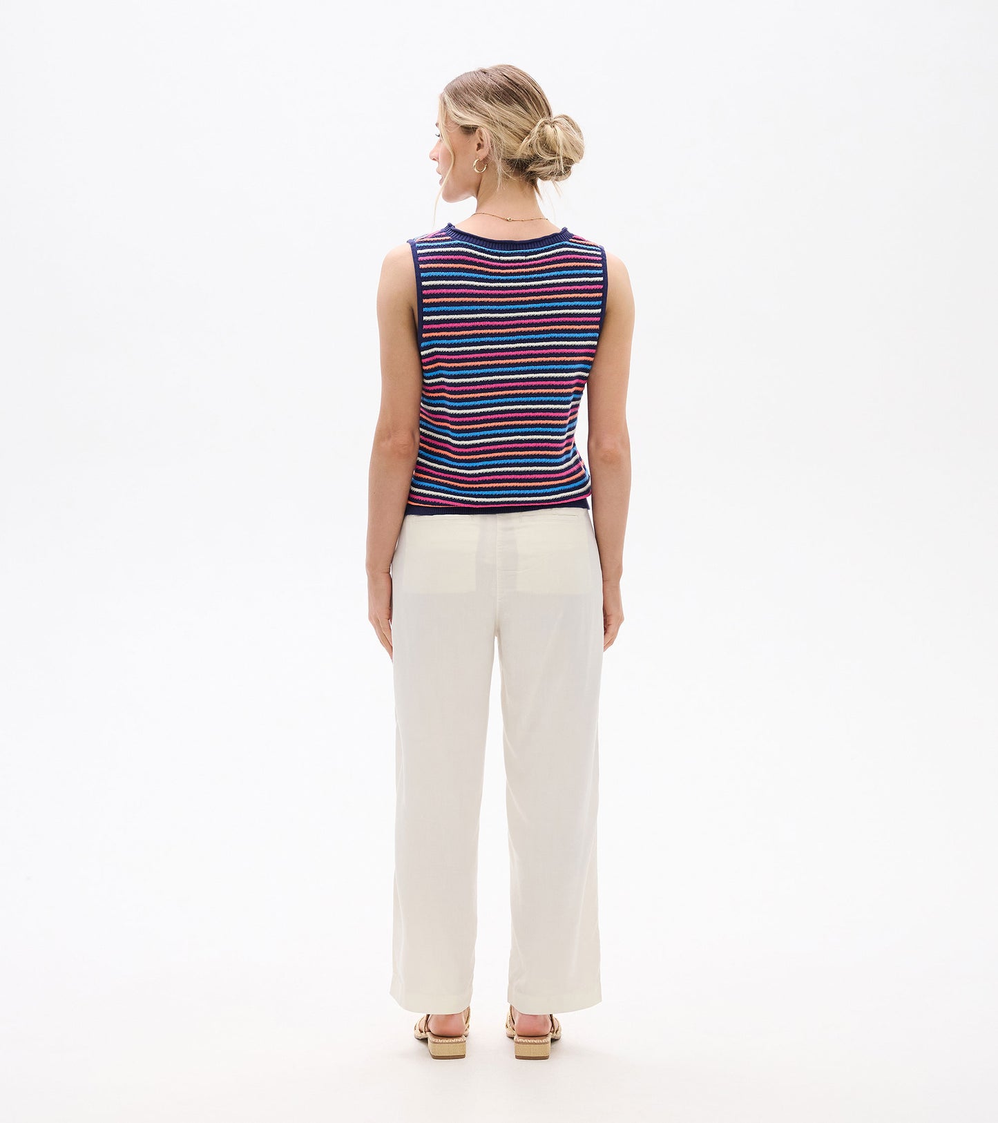 Sleeveless striped knit tank top in navy, pink, blue, and white, shown from the back.