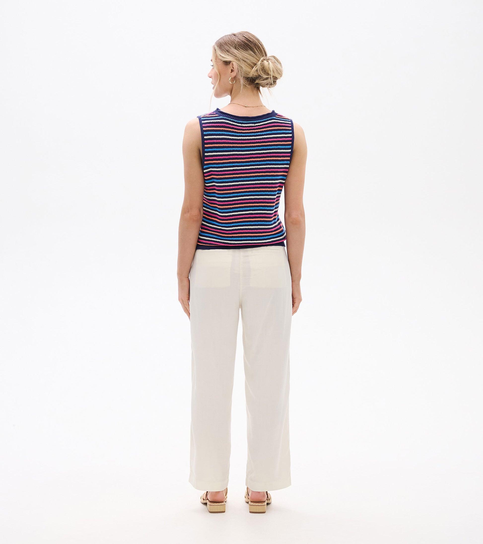 Sleeveless striped knit tank top in navy, pink, blue, and white, shown from the back.