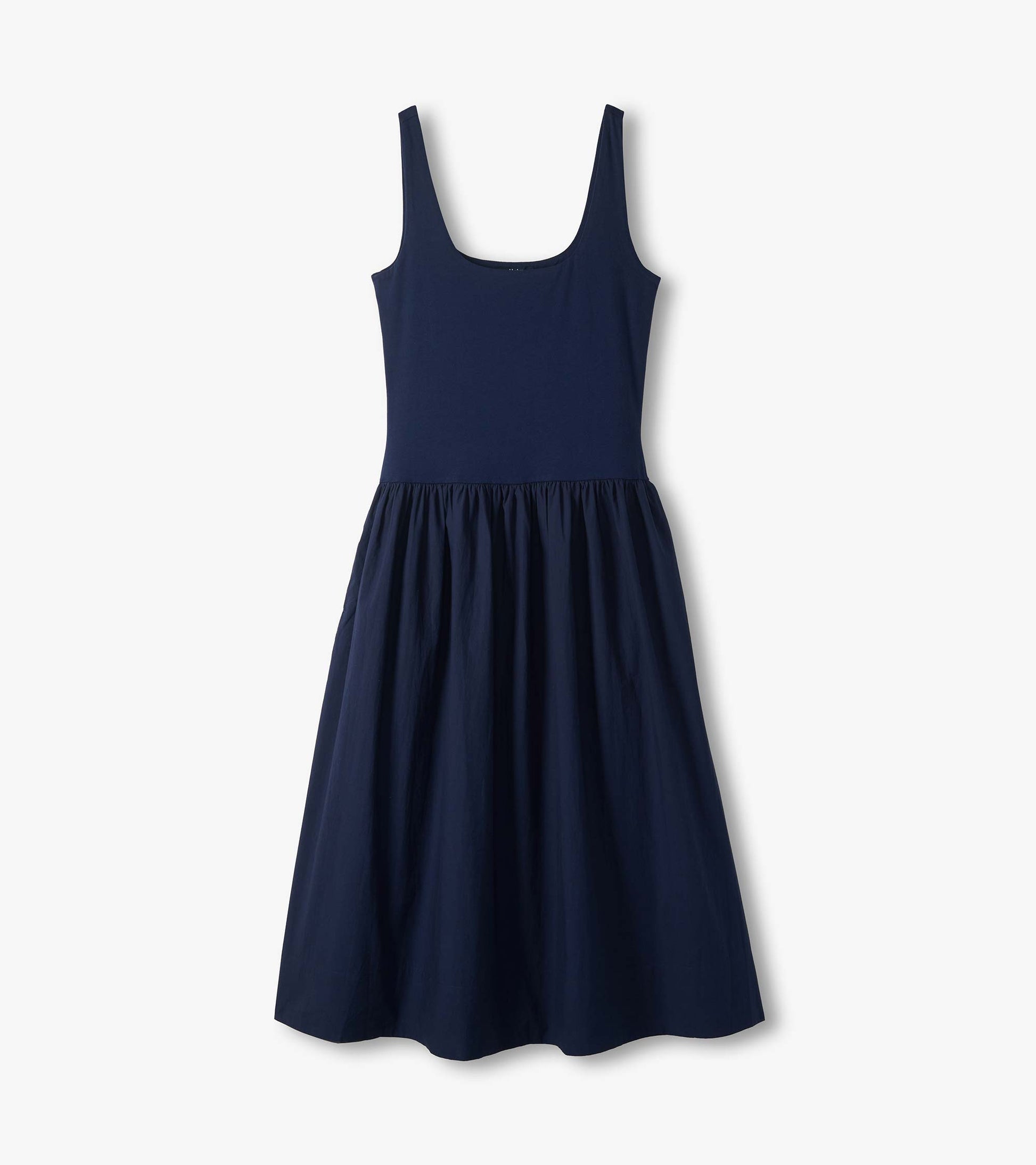 Navy sleeveless midi dress with fitted bodice and gathered skirt, front view