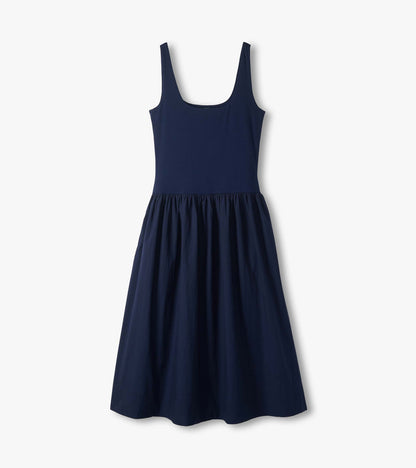 Navy sleeveless midi dress with fitted bodice and gathered skirt, front view