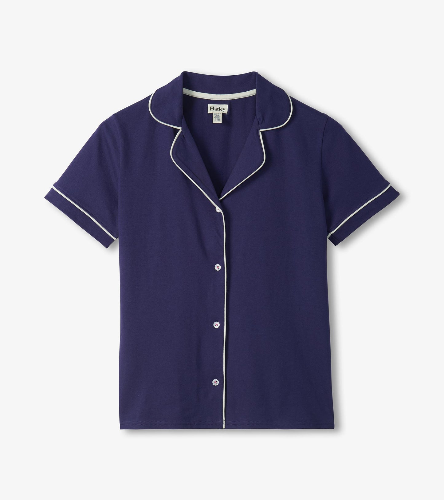 Navy short sleeve pajama top with white piping, button front, and Hatley label at the collar