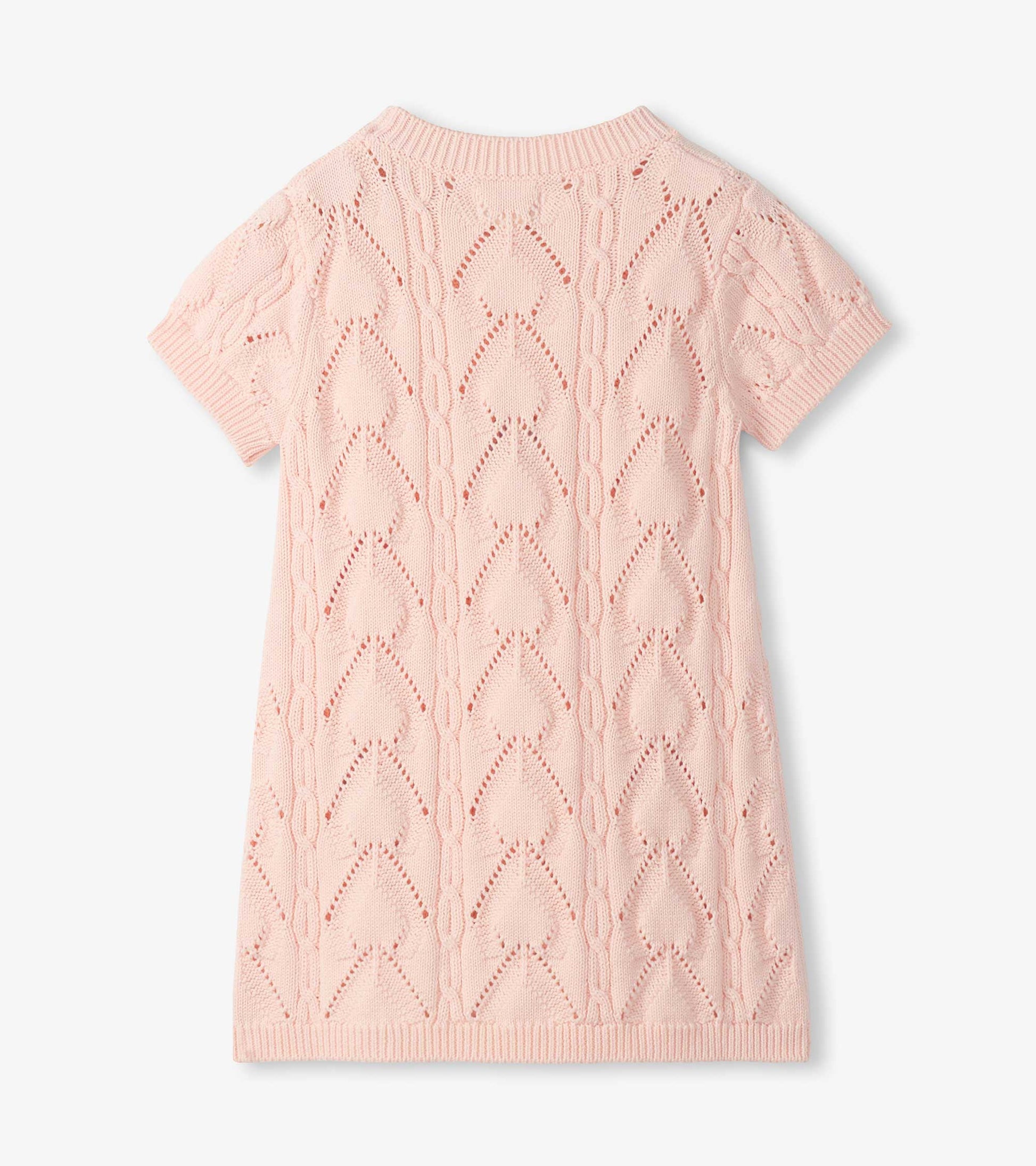 Light pink short-sleeve knit dress with openwork diamond pattern and ribbed trim, front view