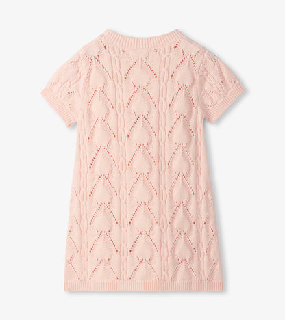 Light pink short-sleeve knit dress with openwork diamond pattern and ribbed trim, front view