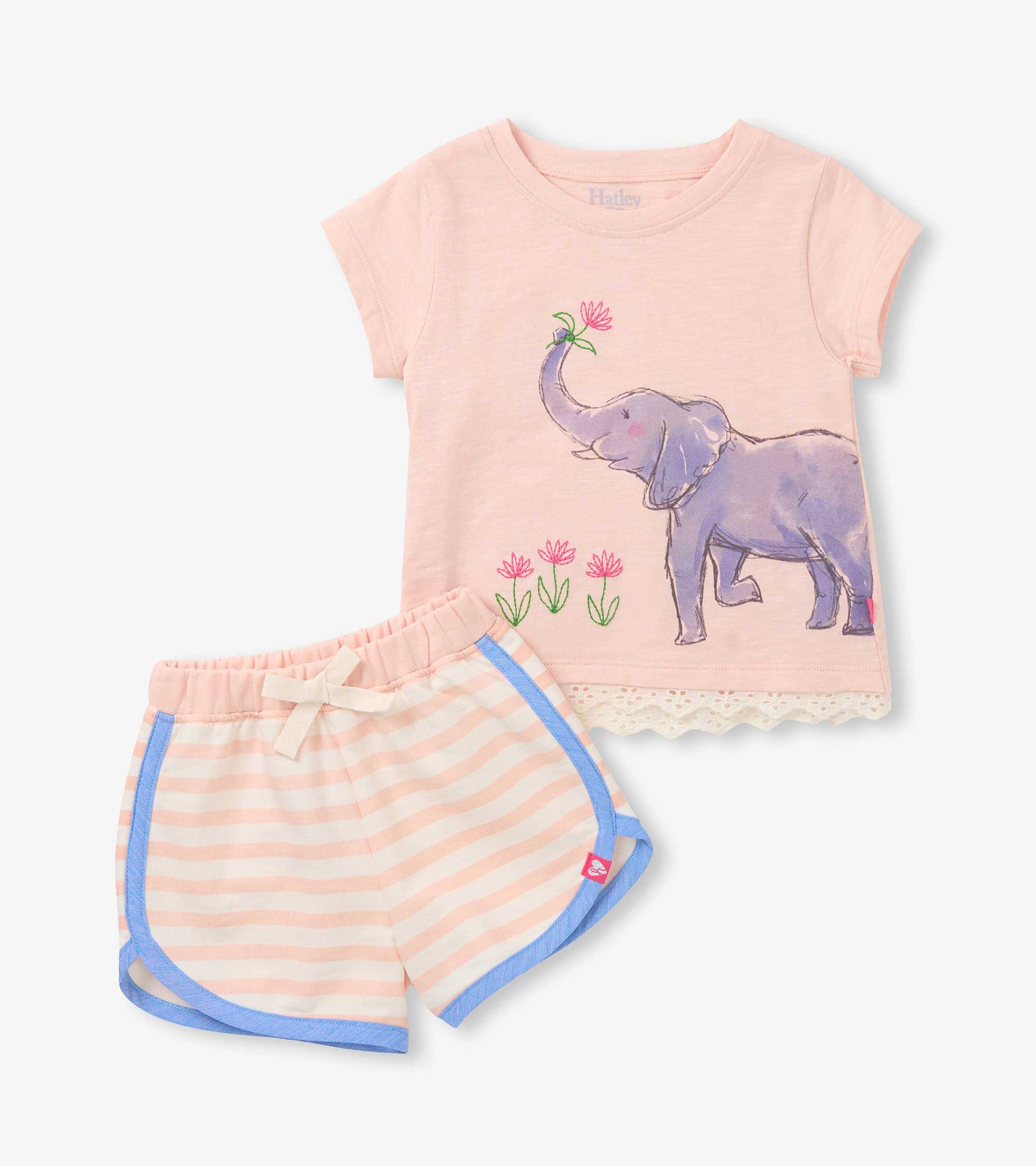 Pink toddler girls T-shirt and striped shorts set with elephant and flower print, front view