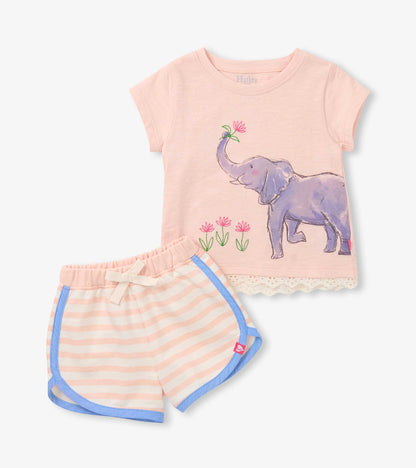 Pink toddler girls T-shirt and striped shorts set with elephant and flower print, front view