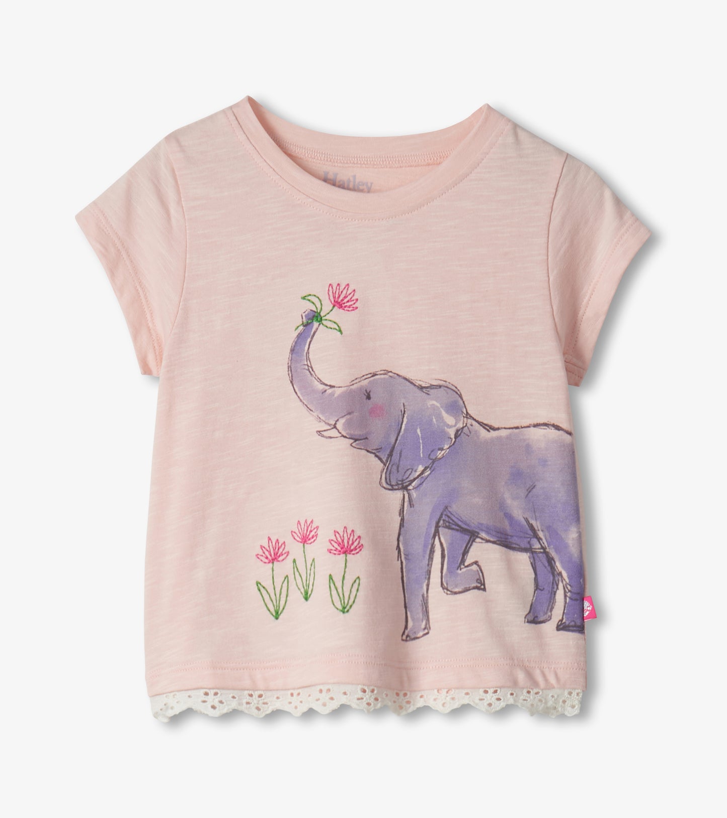 Pink short-sleeve toddler T-shirt with elephant and flower print, lace hem, front view