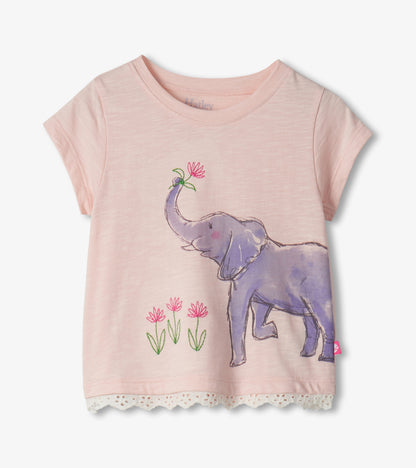 Pink short-sleeve toddler T-shirt with elephant and flower print, lace hem, front view