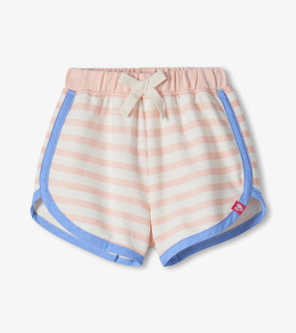Pink and white striped toddler shorts with blue trim and elastic waistband, front view