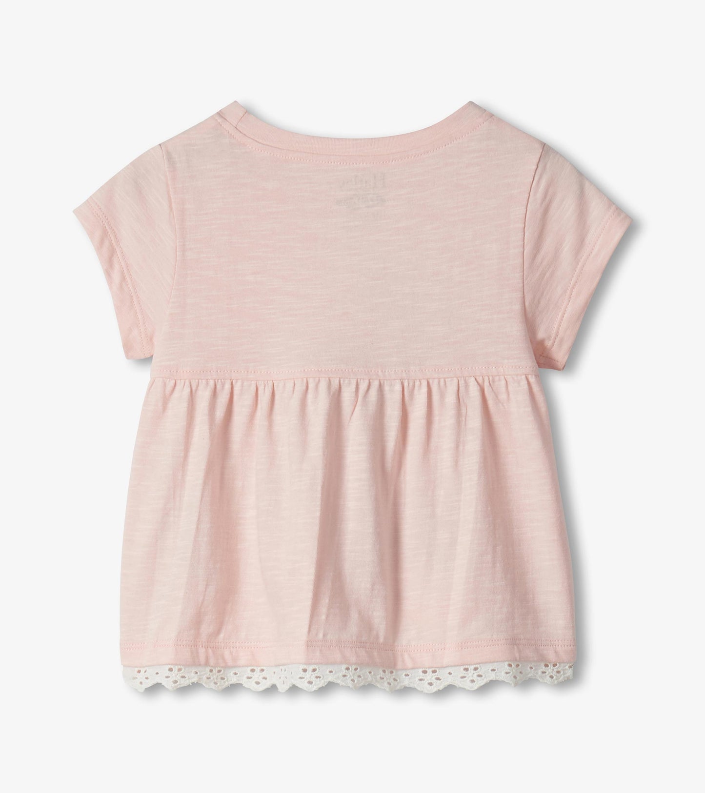 Light pink short-sleeve toddler top with gathered waist and lace hem, back view