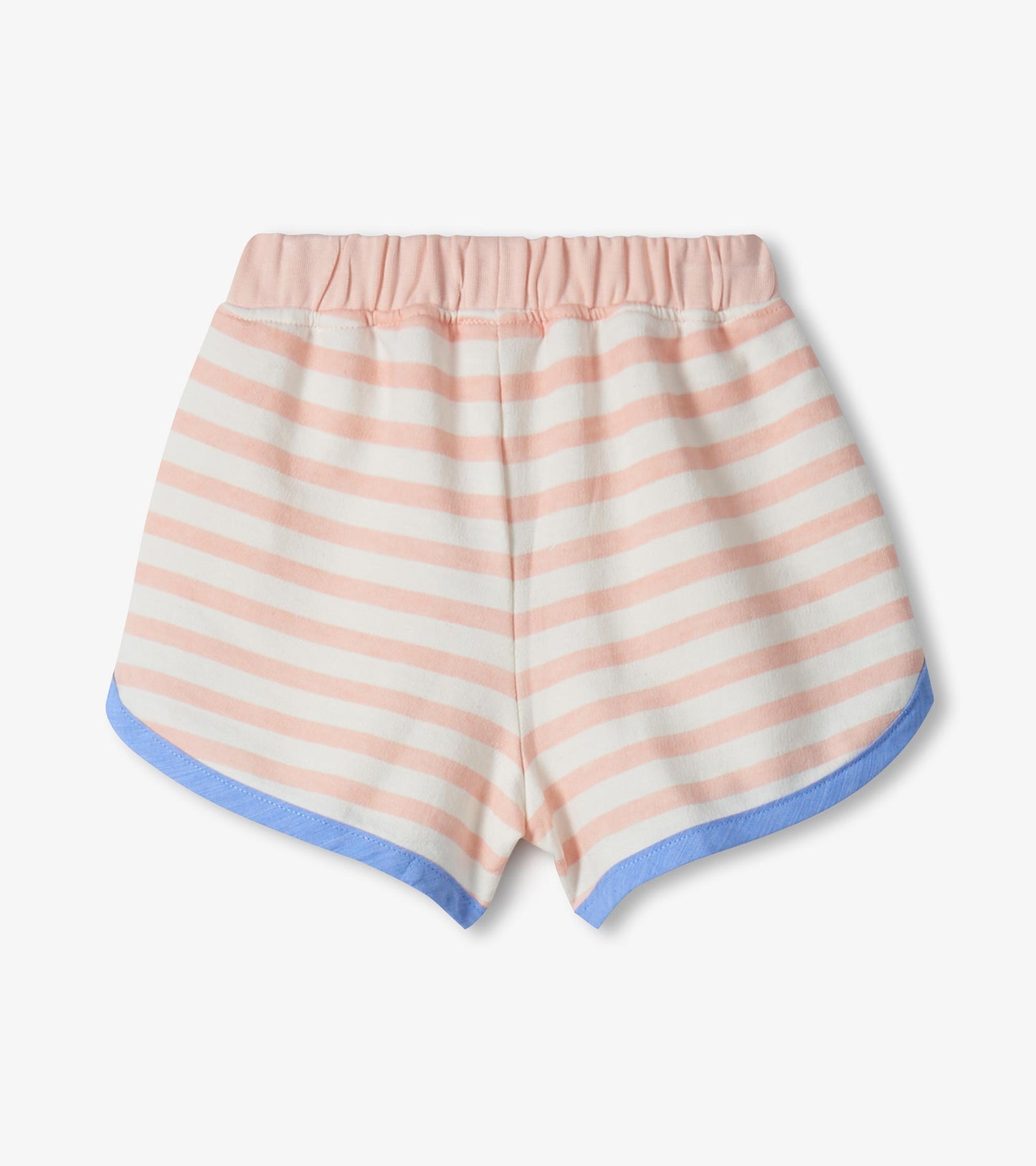 Pink and white striped toddler shorts with elastic waistband and blue trim, front view