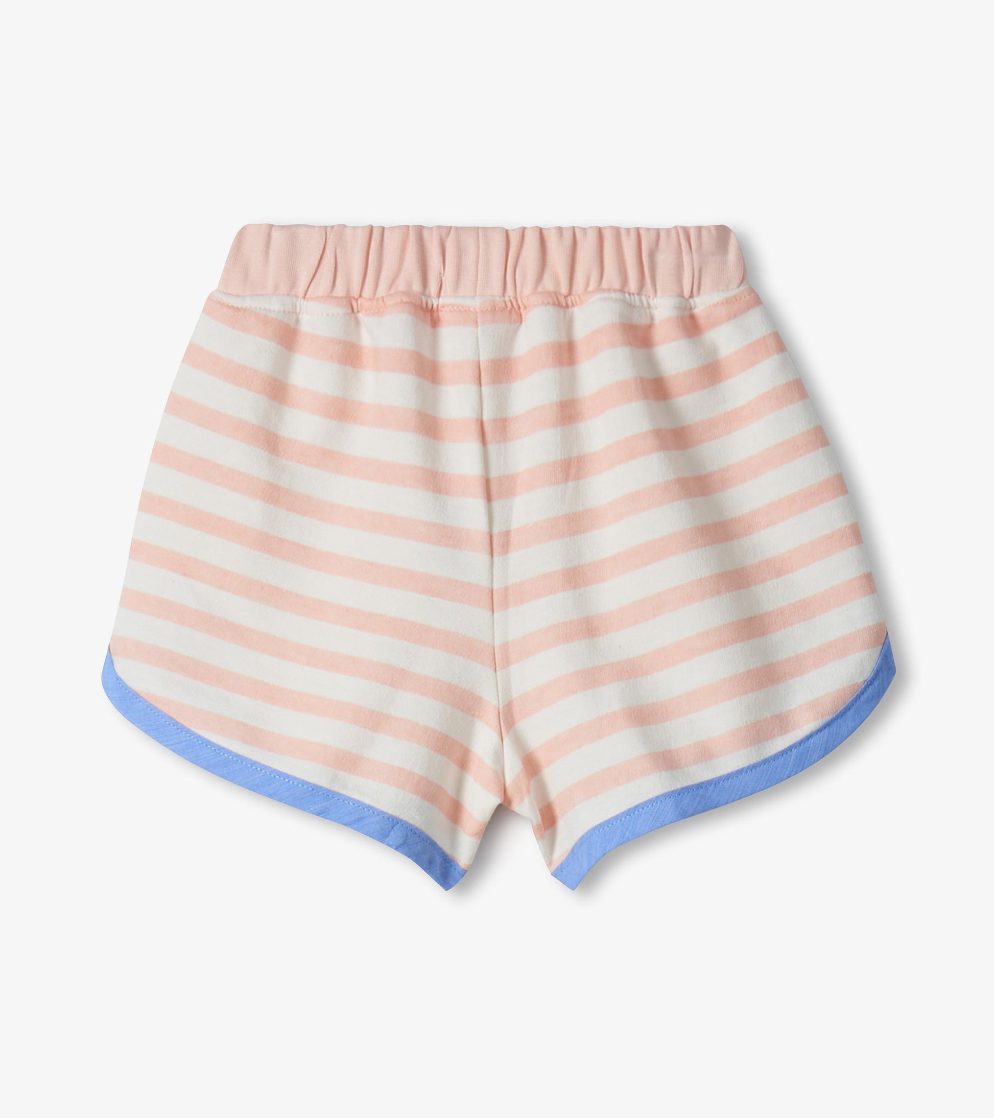 Pink and white striped toddler shorts with elastic waistband and blue trim, front view