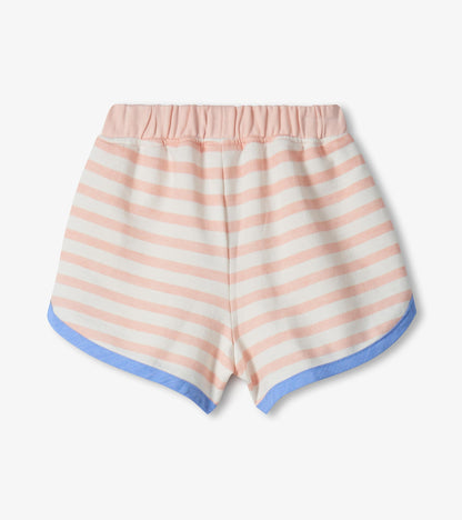 Pink and white striped toddler shorts with elastic waistband and blue trim, front view
