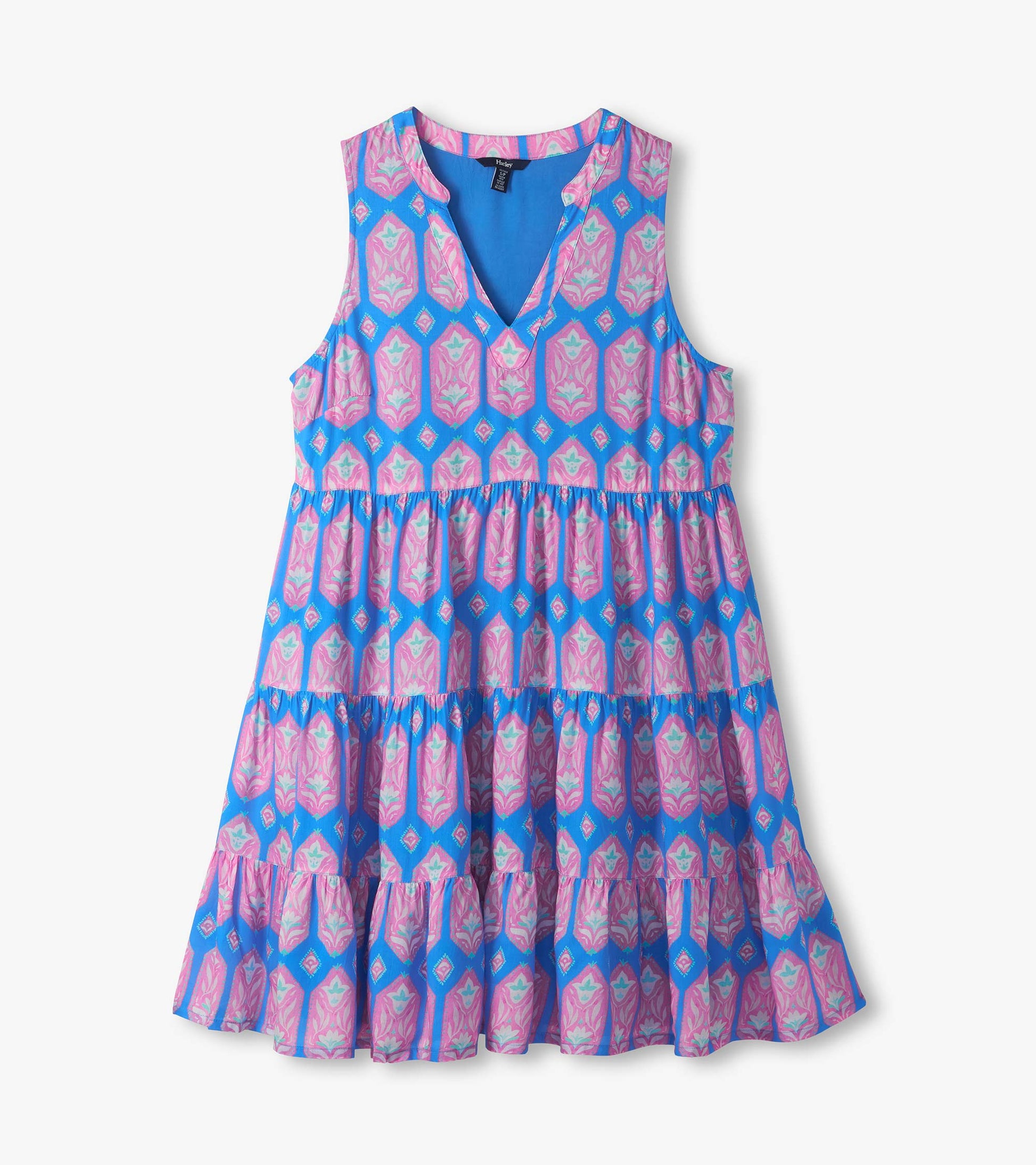Sleeveless blue dress with pink floral geometric print, V-neck, tiered skirt, front view