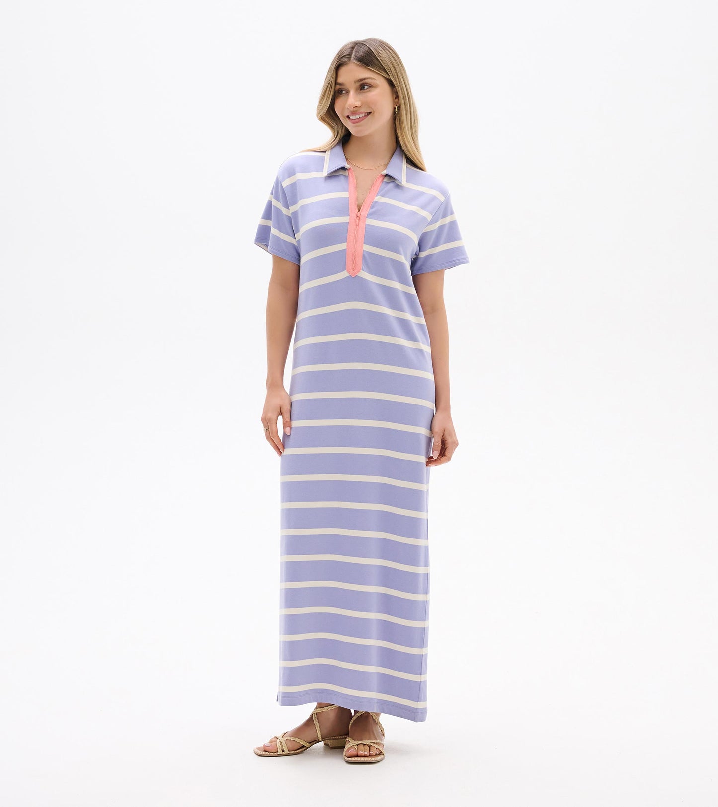 Robe longue à glissière contrastante – Rayures iris pâle