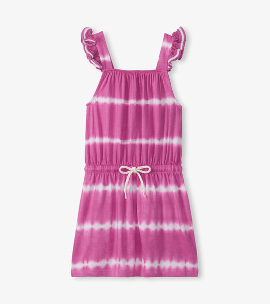 Pink tie-dye girls dress with crochet ruffle straps and a drawstring waist, front view