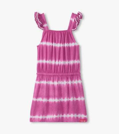 Pink tie-dye girls dress with ruffled crochet shoulder straps and sleeveless gathered skirt, front view